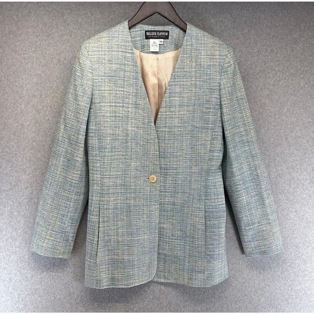 Vintage TAILLEUR PLATINUM Silk Blazer Womens Blue Bouclé Tweed Jacket Size 10